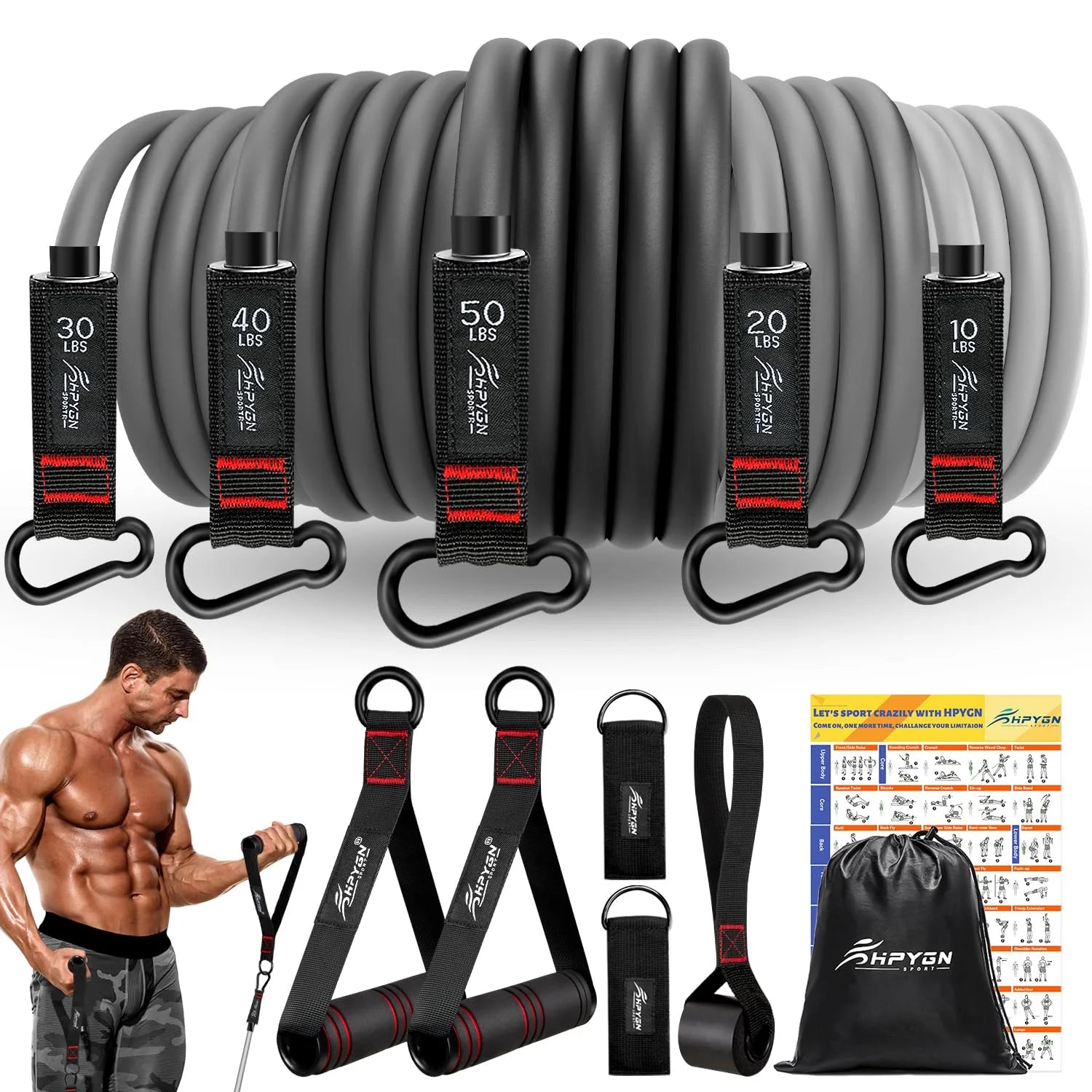 250Lb Resistance Bands, Exercise Bands with Handles, Workout Bands with Door Anchor and Ankle Straps, for Heavy Resistance Training, Physical Therapy, Shape Body, Yoga, Home Workout Set